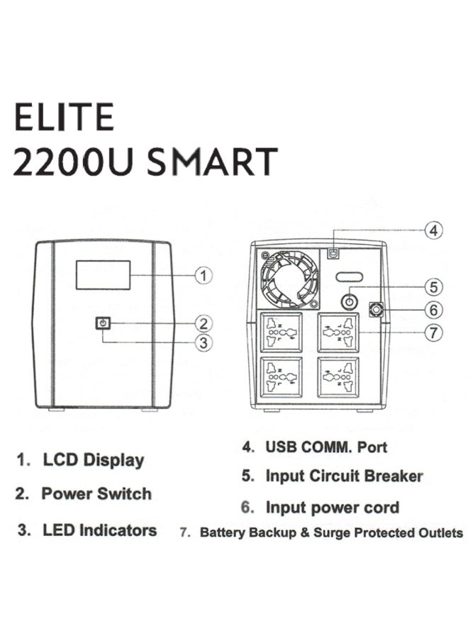 Mercury Elite 2200 Smart UPS, 2200VA/1320W, Offline, LCD Display, USB Port, 4 Universal Sockets - Image 3
